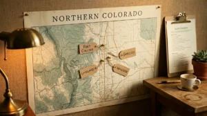 Vintage cartography-style map of Northern Colorado pinned with audit tags at Fort Collins, Loveland, Windsor, and Greeley