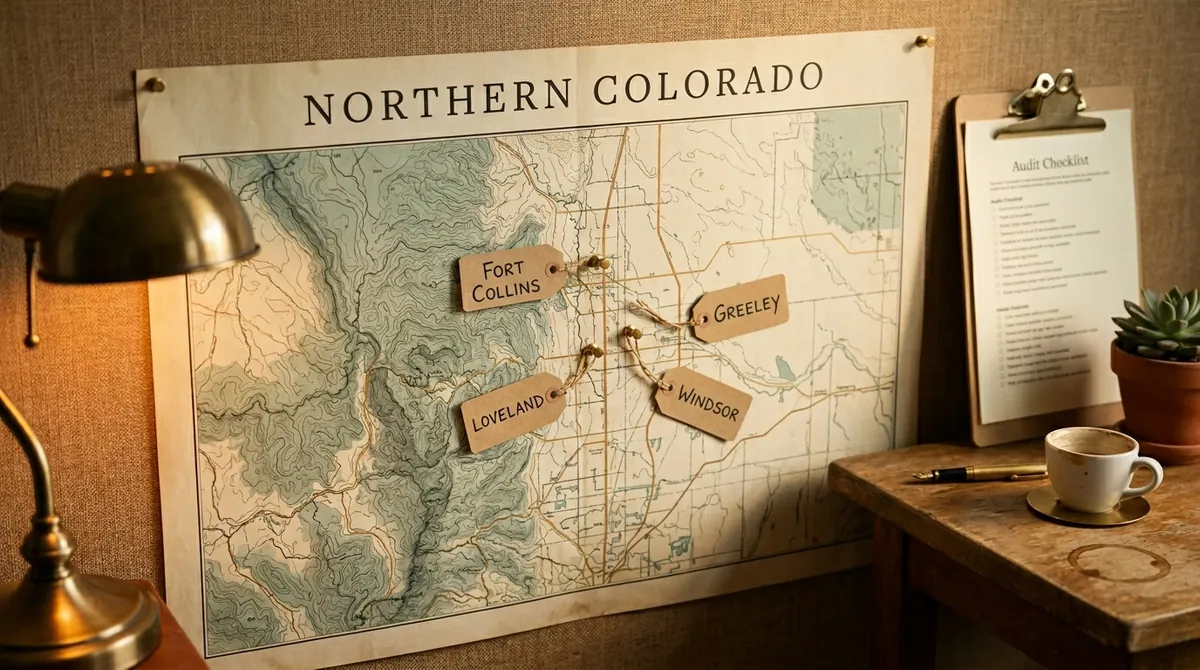 Vintage cartography-style map of Northern Colorado pinned with audit tags at Fort Collins, Loveland, Windsor, and Greeley