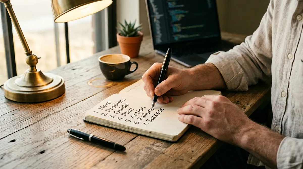Brand strategist hand-writing the seven elements of the StoryBrand BrandScript framework in a notebook at a wooden desk