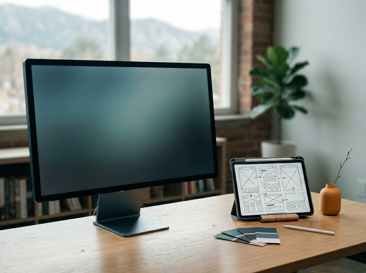 A Fort Collins web design workspace at Telos Creative, showing a website wireframe and brand color palette
