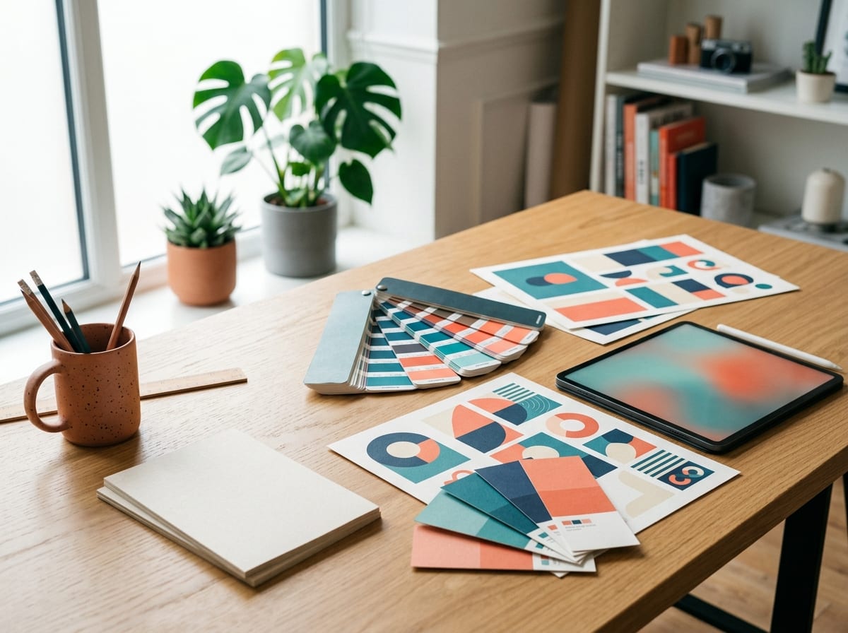 A Fort Collins graphic design studio desk at Telos Creative with brand boards, color swatches, and logo studies
