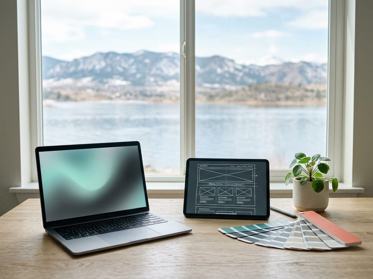 Website wireframe and brand colors with a Loveland lake view, Telos Creative