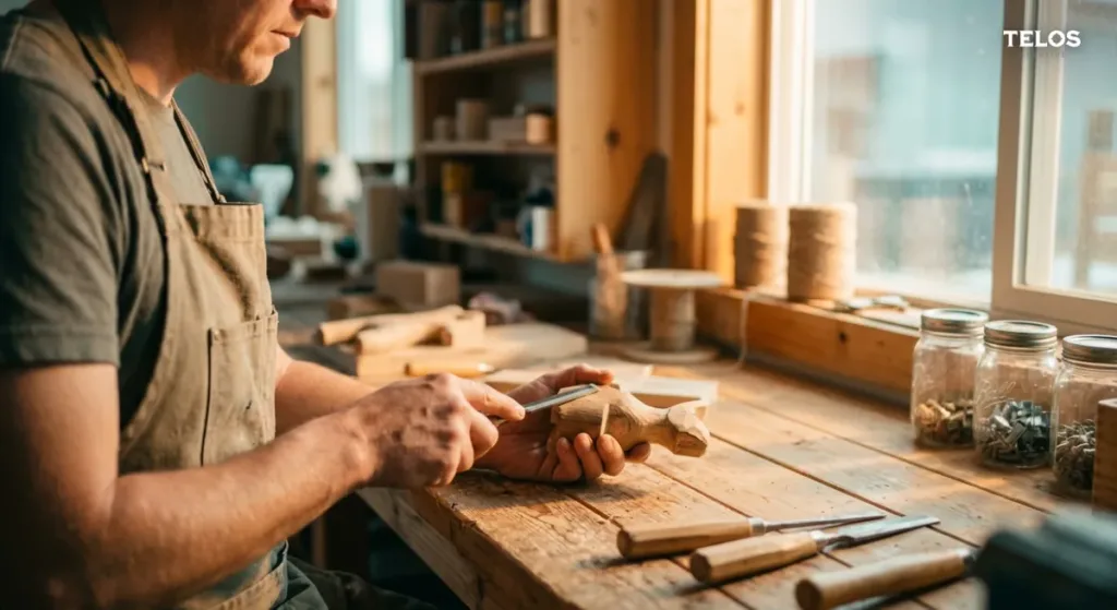A maker crafting a product at a sunlit workbench