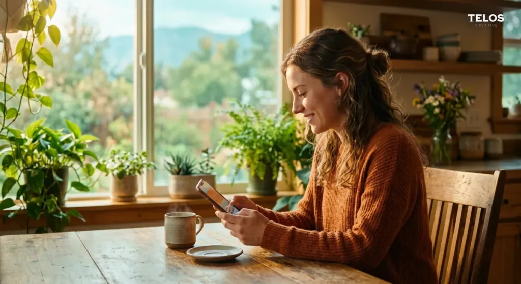 A person reading their phone at a sunny kitchen table with plants and a mountain view