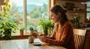 A person reading their phone at a sunny kitchen table with plants and a mountain view