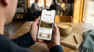 The Google Discover feed with article cards shown on a phone over morning coffee
