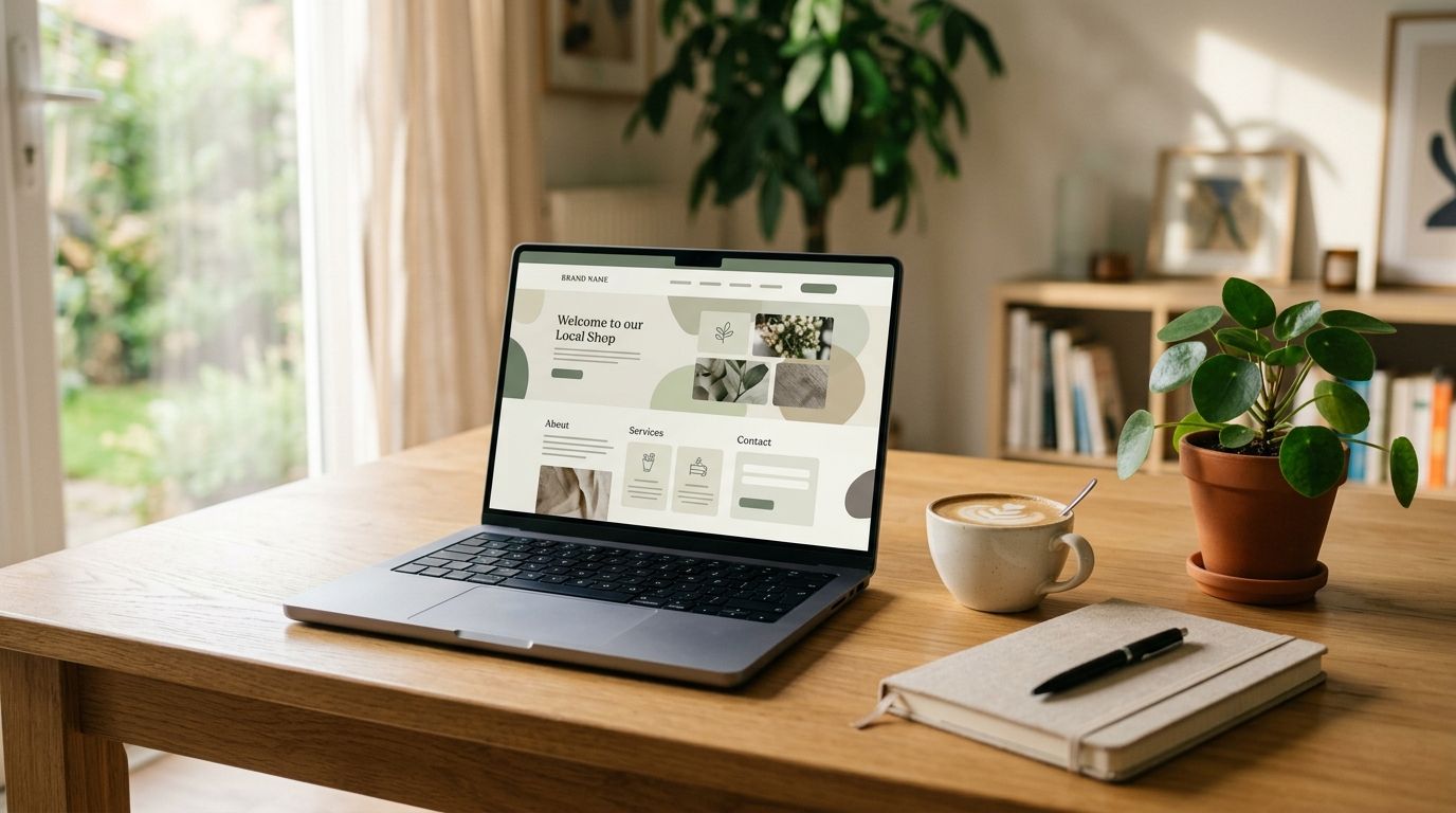 A clean local business website design on a laptop in a bright workspace