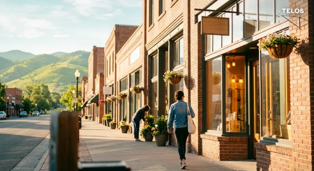 A warm Northern Colorado main street with brick storefronts and flowers in golden morning light