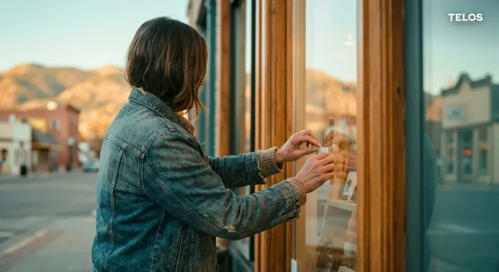 A small business owner arranging their storefront window on a Northern Colorado main street in warm golden light