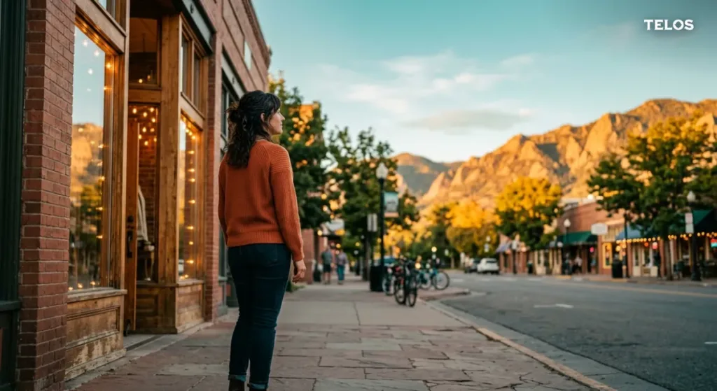 A small business owner outside their shop looking toward the Northern Colorado foothills at golden hour