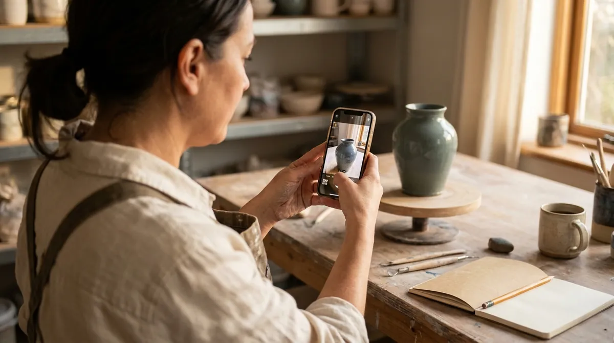 Pottery studio owner photographing a vase with her phone, seen over her shoulder with the live preview on screen
