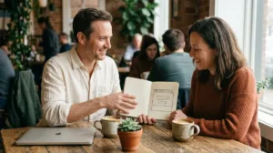 A Telos strategist and a business owner scoping a StoryBrand website project over coffee