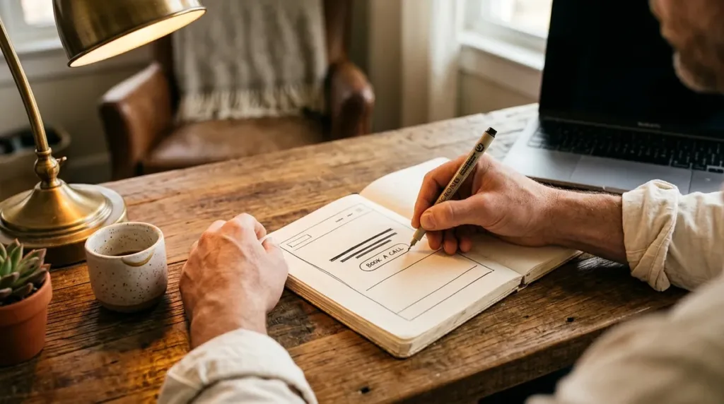 A StoryBrand website wireframe sketch with a clear headline and one call to action button