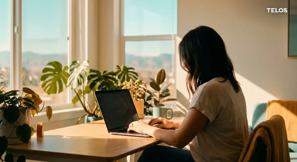 A person working at a laptop in a bright sunlit home office
