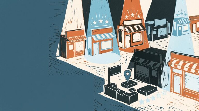 A linocut print of a small-town street where spotlights pick out several shops while one dark shop sits in shadow, its foundations, sign post, map pin and stars being put in place