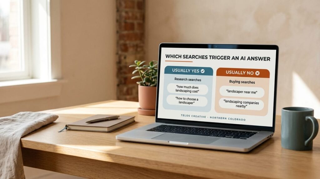 A laptop on a warm oak desk showing the Telos Creative guide to which local searches trigger a Google AI answer: research searches usually do, buying searches usually do not