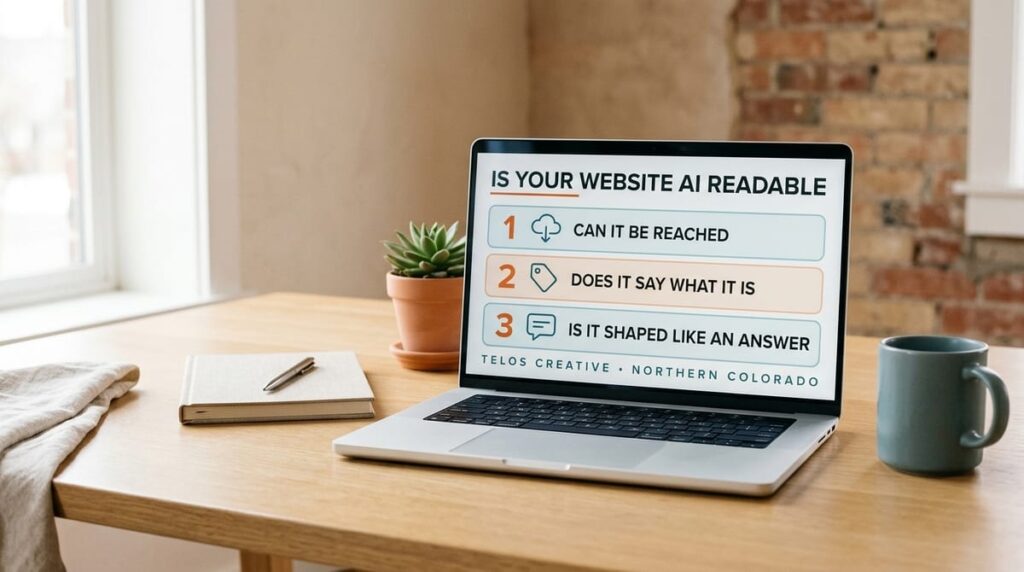 A laptop on a warm oak desk showing the Telos Creative three checks for an AI readable website: can it be reached, does it say what it is, is it shaped like an answer