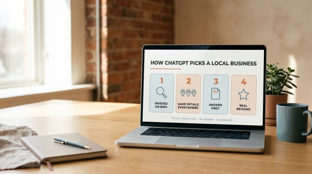 A laptop on a warm oak desk showing the Telos Creative guide to how ChatGPT picks a local business: indexed on Bing, same details everywhere, answer first, real reviews