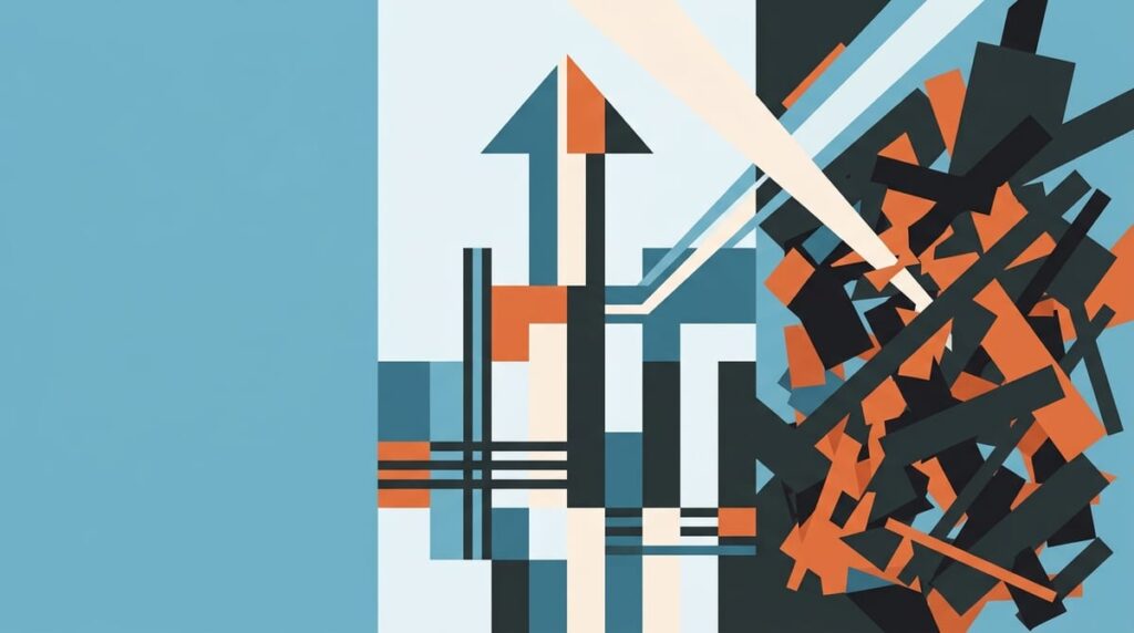 A bold graphic poster of ordered structure emerging from tangled clutter