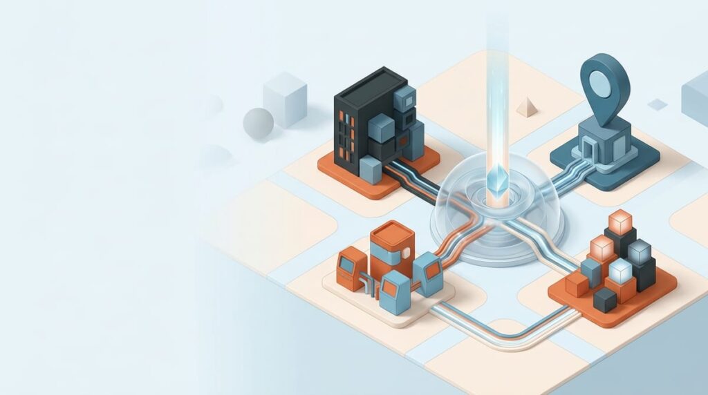 An isometric illustration of a website, a business listing, directories and reviews feeding into a single AI answer