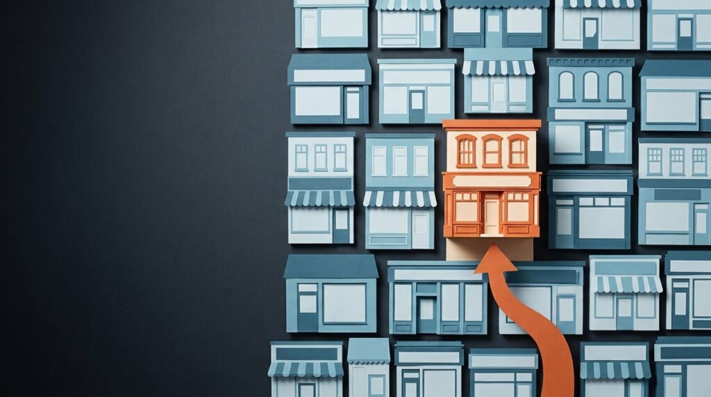 A paper-craft street of shopfronts with a single one picked out in orange