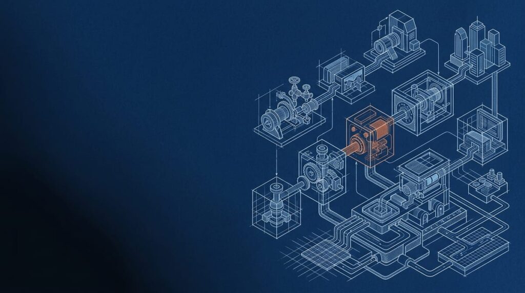 A cyanotype blueprint of a system worked through in order, one stage highlighted