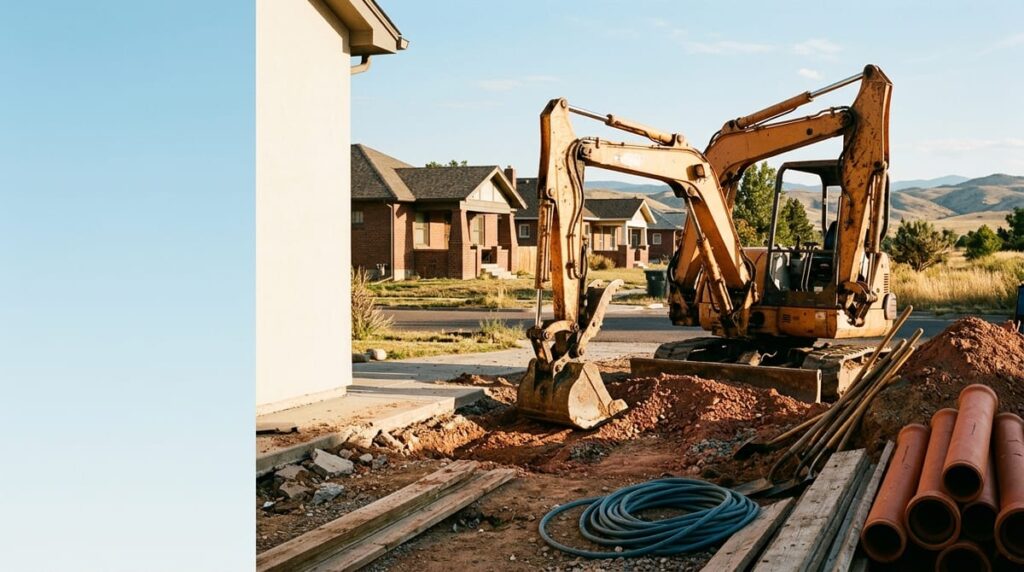 A Northern Colorado job site at golden hour, excavator and materials on a residential street