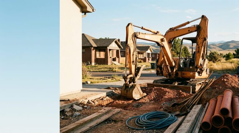 A Northern Colorado job site at golden hour, excavator and materials on a residential street