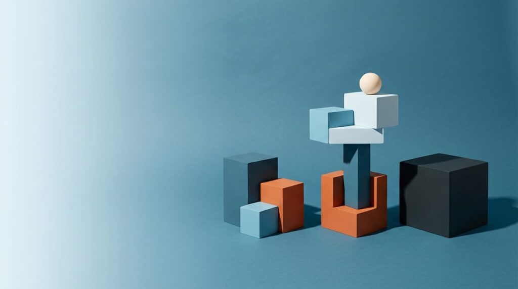 A studio still life of solid blocks balanced against each other