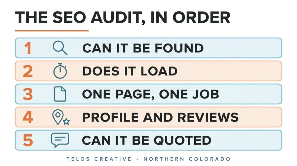 Infographic: the five passes of an SEO audit in order, can it be found, does it load, one page one job, profile and reviews, can it be quoted