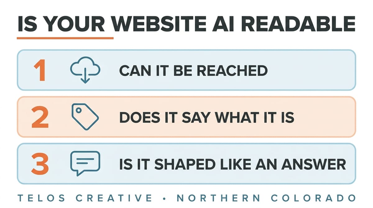 Three checks for an AI readable website: can it be reached, does it say what it is, is it shaped like an answer. Telos Creative, Northern Colorado