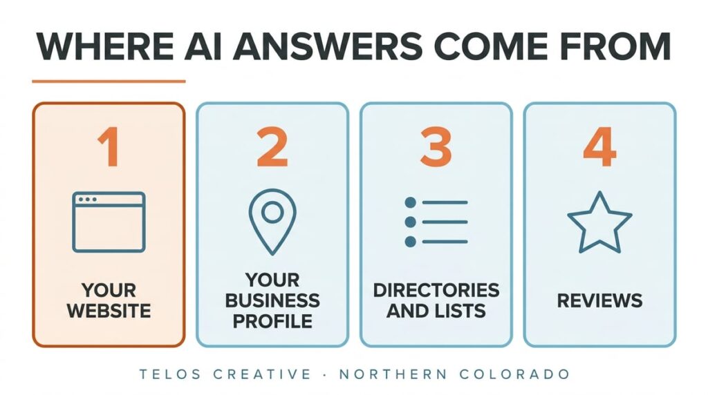 Infographic: the four sources AI answers draw on, your website, your business profile, directories and lists, and reviews