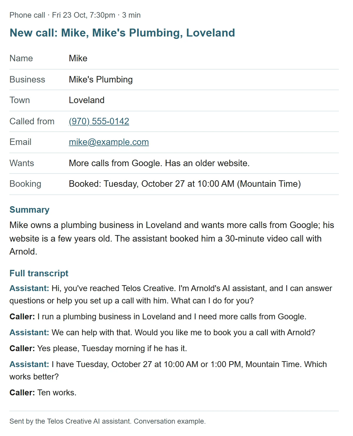 Sample summary email from the AI receptionist with the caller name, business, town, number, what they want, the booked time and the transcript