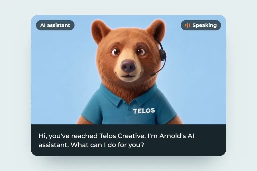 The Telos Creative AI receptionist, a cartoon bear in a TELOS polo, greeting a caller on a video call