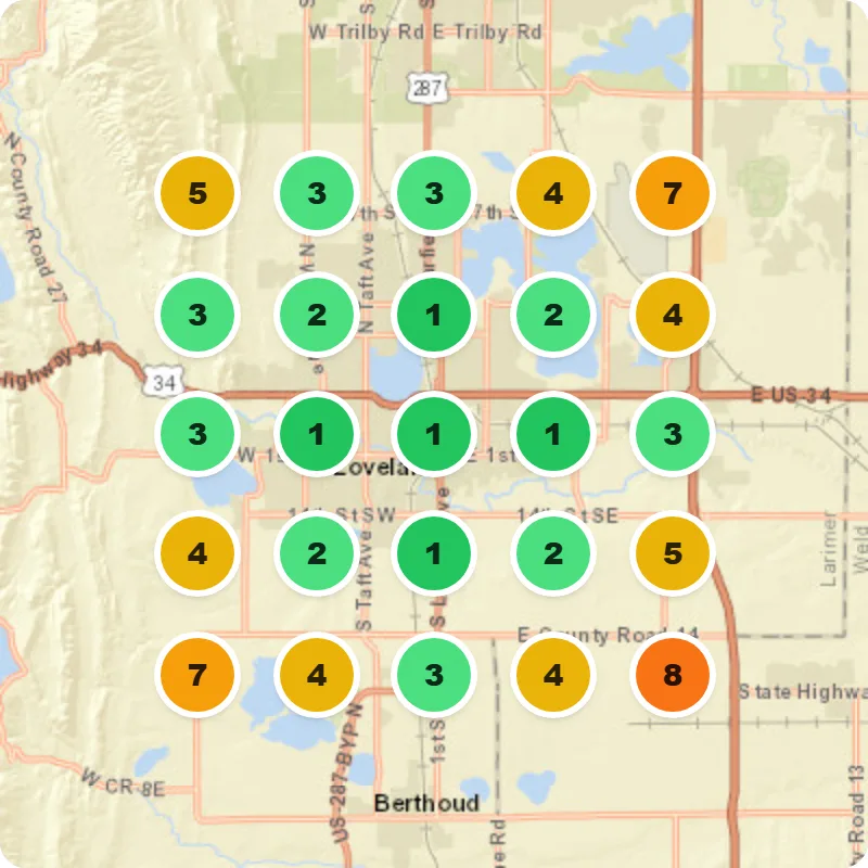 Example map, not a real client: the 90-day target, in the Google Maps top 3 at 15 of 25 spots
