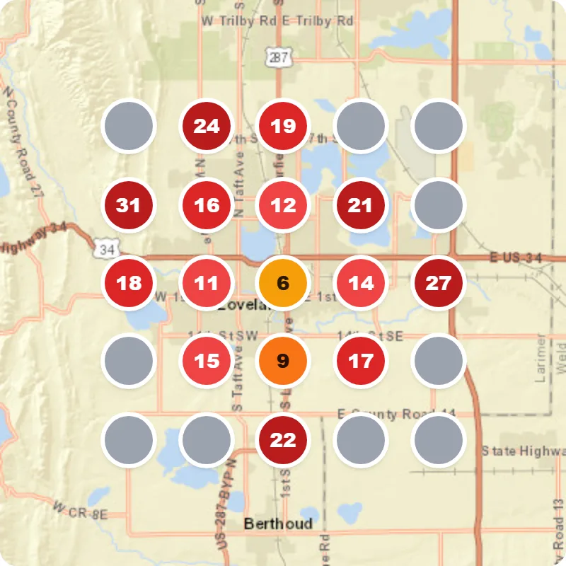 Example map, not a real client: a remodeler in Loveland before we start, in the Google Maps top 3 at 0 of 25 spots and missing from 10