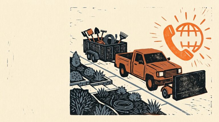 Linocut print of a landscaping truck and tool trailer at a finished front yard, with a phone and web symbol glowing above
