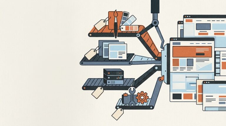 Risograph style illustration of a website being assembled from its parts: design, pages, hosting and upkeep, each with a blank price tag