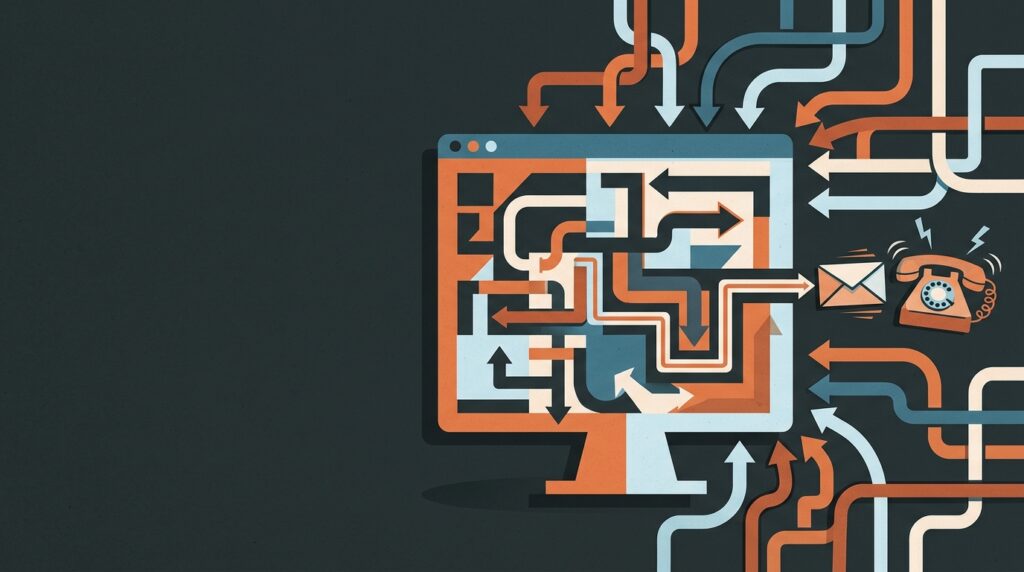 Mid-century style illustration of many paths reaching a website, with one path continuing through to an email and a ringing phone