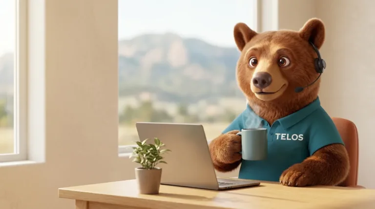 Theo, the Telos Creative AI assistant, a cartoon Colorado black bear in a teal TELOS polo and headset, holding a coffee mug at an oak desk by a window with a view of the foothills