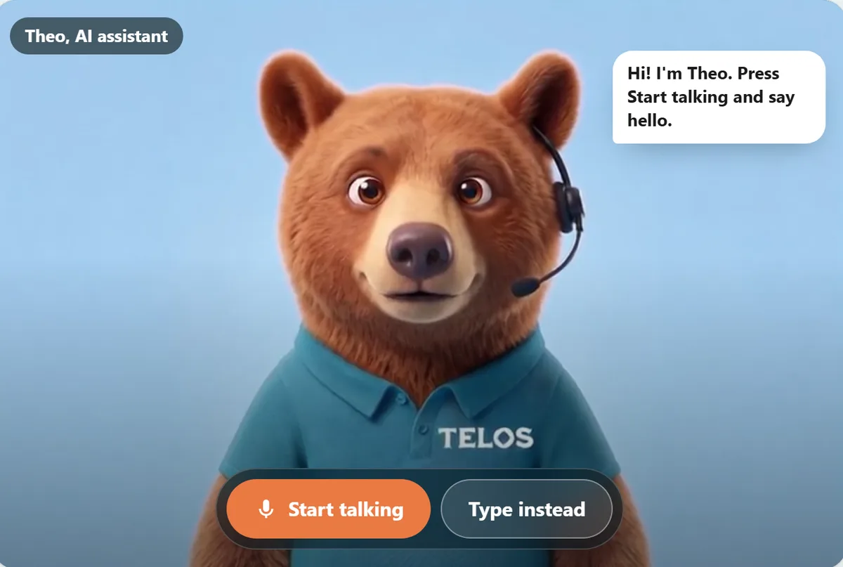 The Theo page on teloscreative.com: Theo the bear on video with a speech bubble saying Hi, I am Theo, and Start talking and Type instead buttons