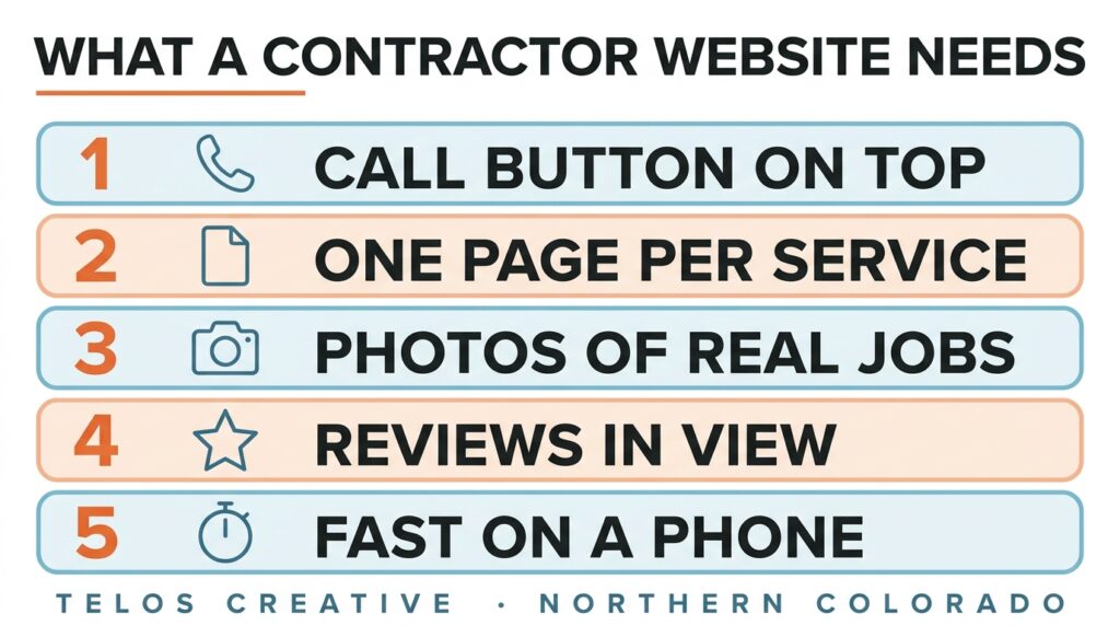 Infographic: what a contractor website needs: call button on top, one page per service, photos of real jobs, reviews in view, fast on a phone