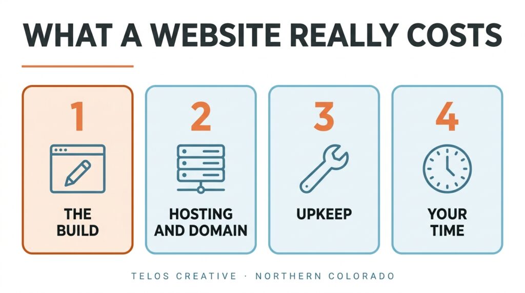 Infographic: what a website really costs, in four parts: the build, hosting and domain, upkeep, and your time