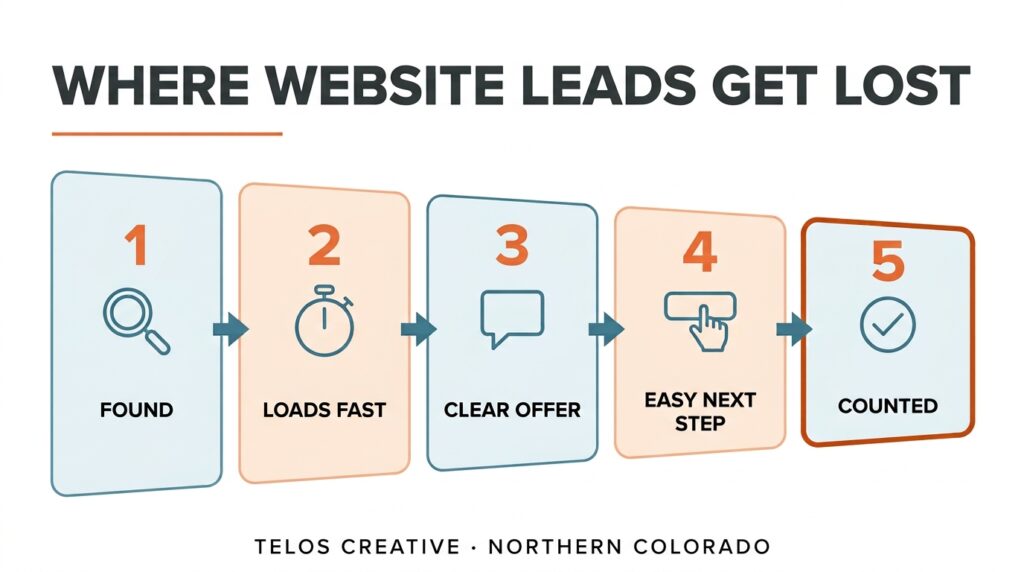 Infographic: where website leads get lost, in five stages: found, loads fast, clear offer, easy next step, counted